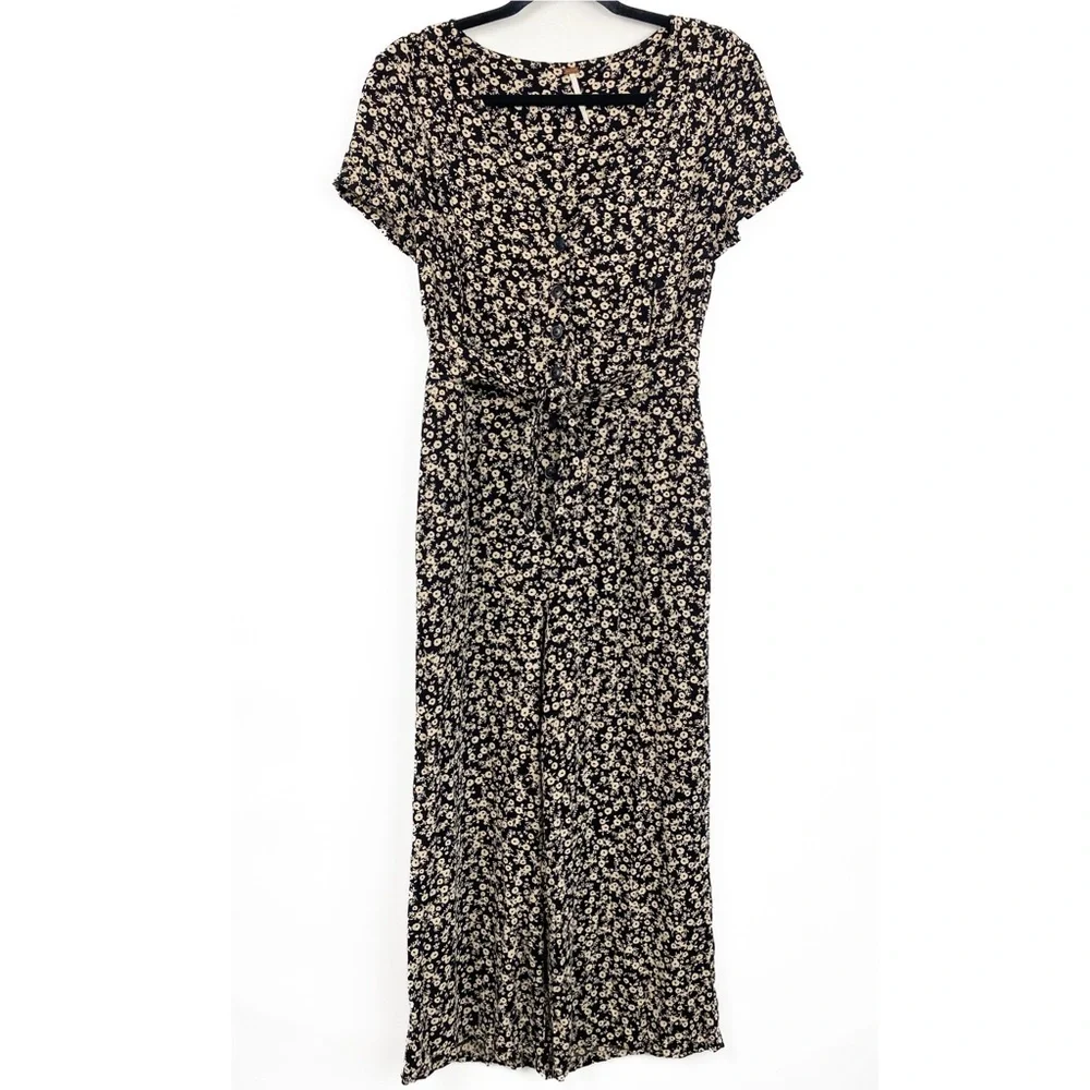 Free People Floral Jumpsuit 2 Black‎ Whimsigoth Ditsy Wide Leg Fairy Grunge